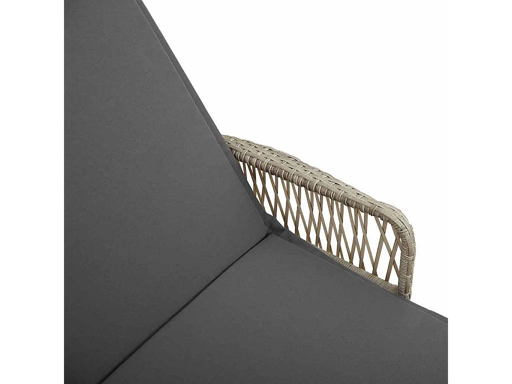 Lounge stoel met grijs poly rotan kussen.