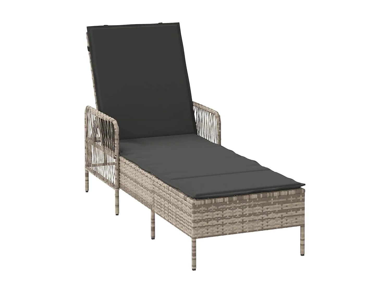 Chaise longue avec coussin gris en poly rattan.