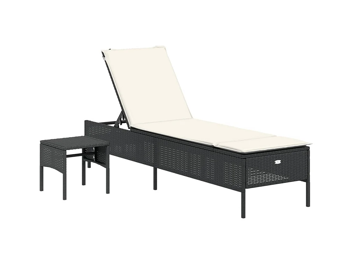 Chaise longue met tafel en zwart kussen van gevlochten hars