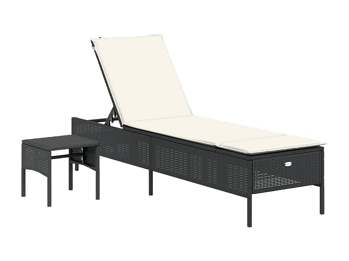 Chaise longue con tavolino e cuscino nero in resina intrecciata