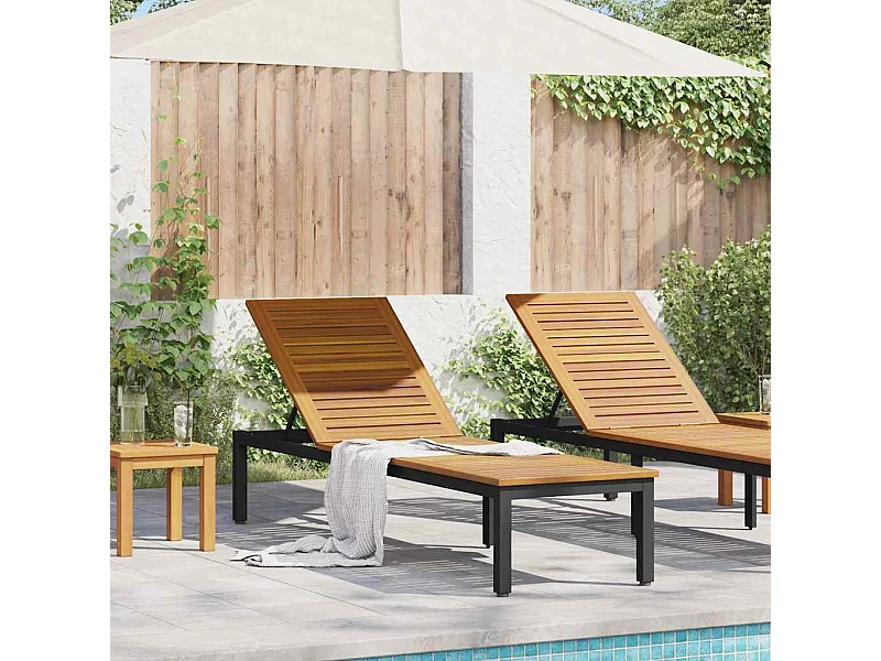 Chaise longue noire, 200 x 55 x 35 cm, en bois d'acacia costaud.