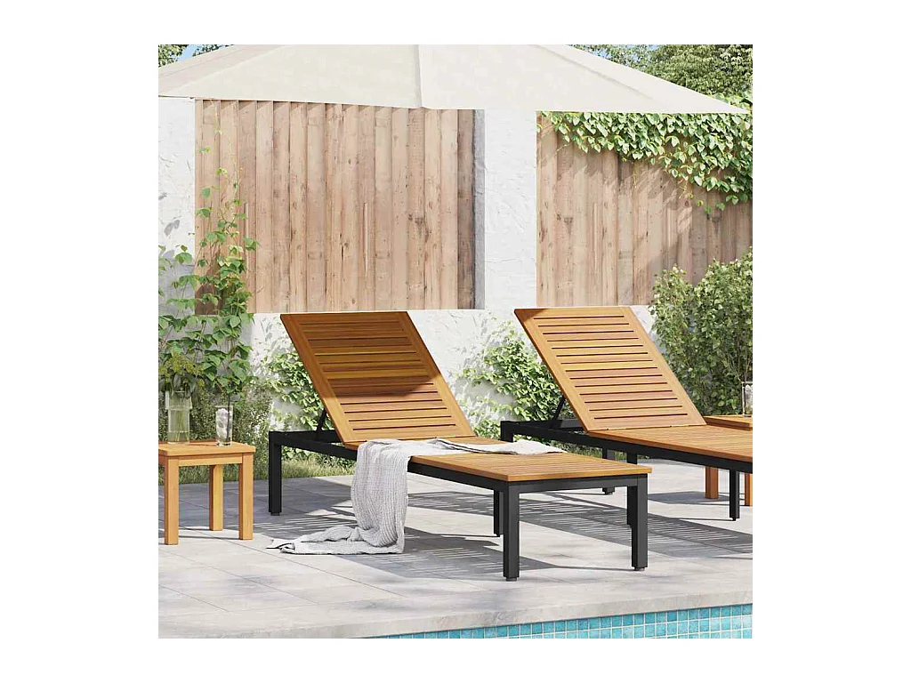 Chaise longue noire, 200 x 55 x 35 cm, en bois d'acacia costaud.