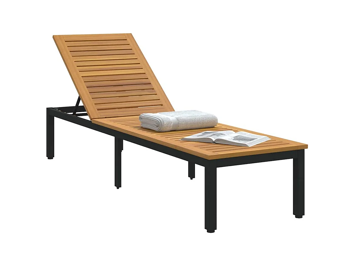 Chaise longue noire, 200 x 55 x 35 cm, en bois d'acacia costaud.
