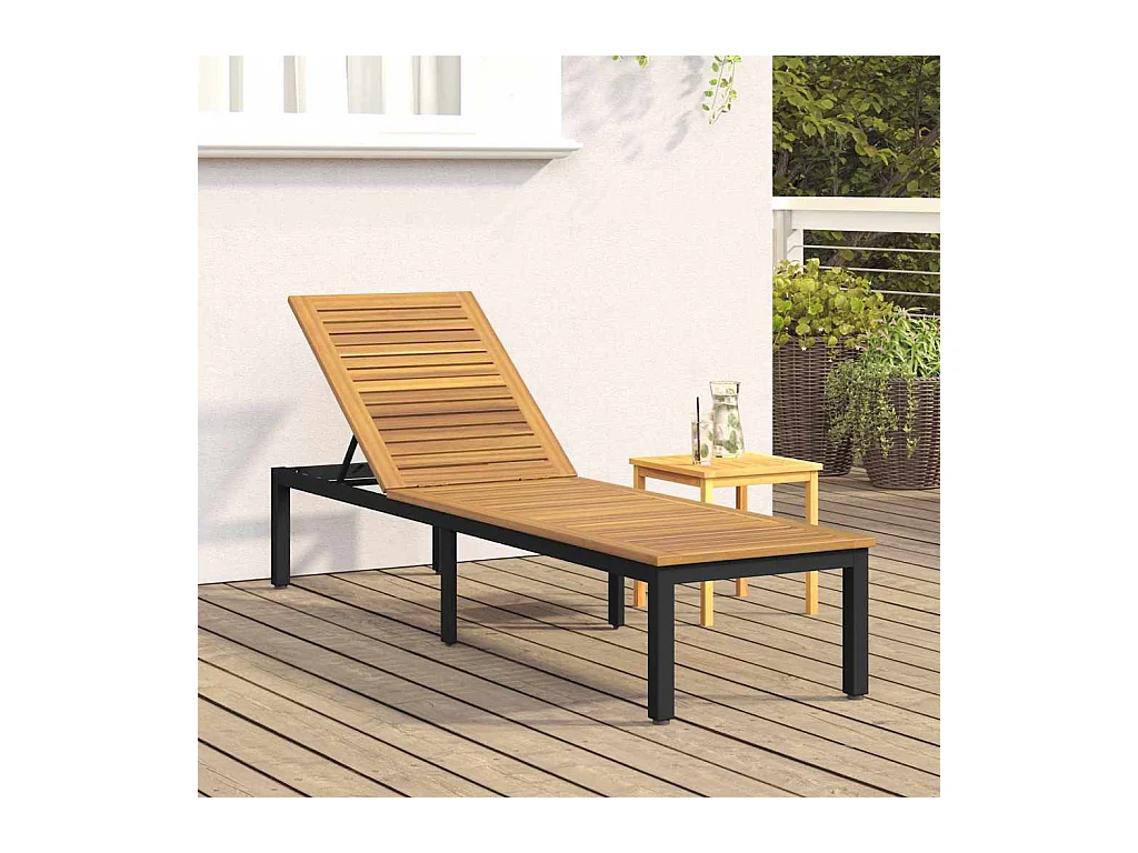 Chaise longue noire, 200 x 55 x 35 cm, en bois d'acacia costaud.