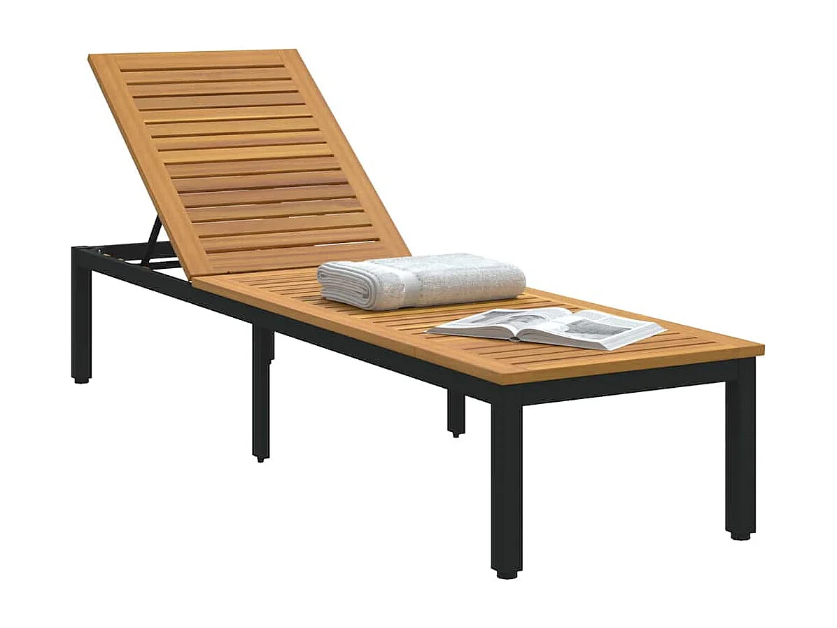 Chaise longue noire, 200 x 55 x 35 cm, en bois d'acacia costaud.