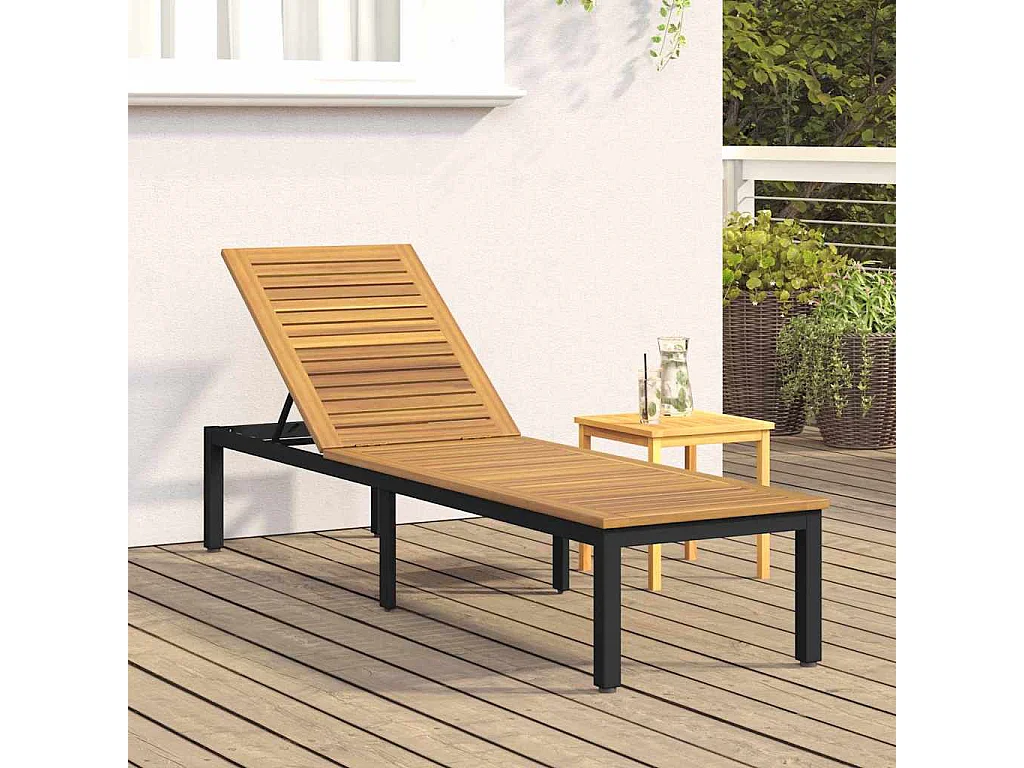 Chaise longue noire, 200 x 55 x 35 cm, en bois d'acacia costaud.