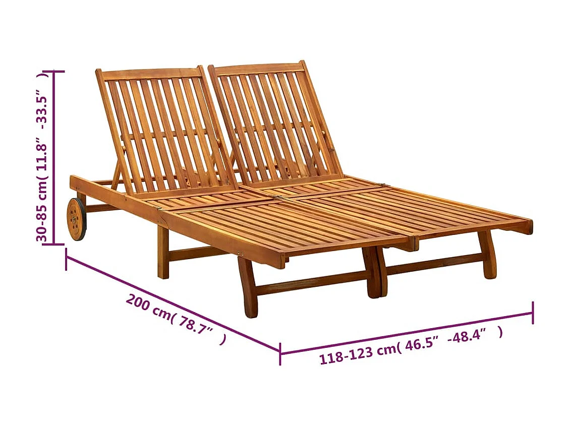 Chaise longue de jardin 2 places avec coussins Acacia solide