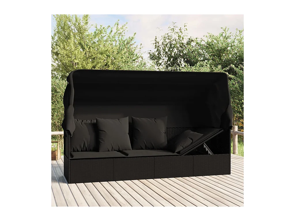 Lit de salon d'extérieur toit et coussins Noir Résine tressée