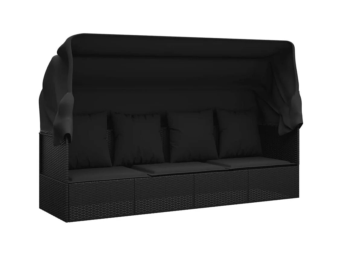 Lit de salon d'extérieur toit et coussins Noir Résine tressée