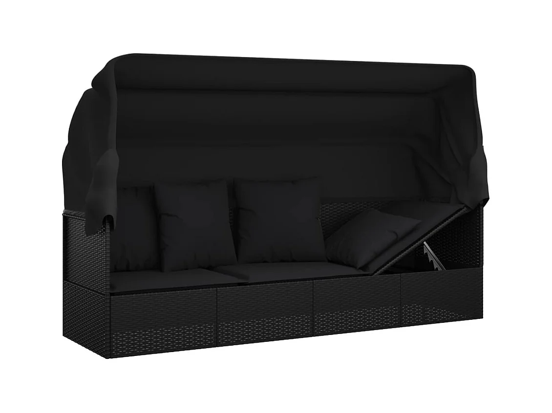 Lit de salon d'extérieur toit et coussins Noir Résine tressée