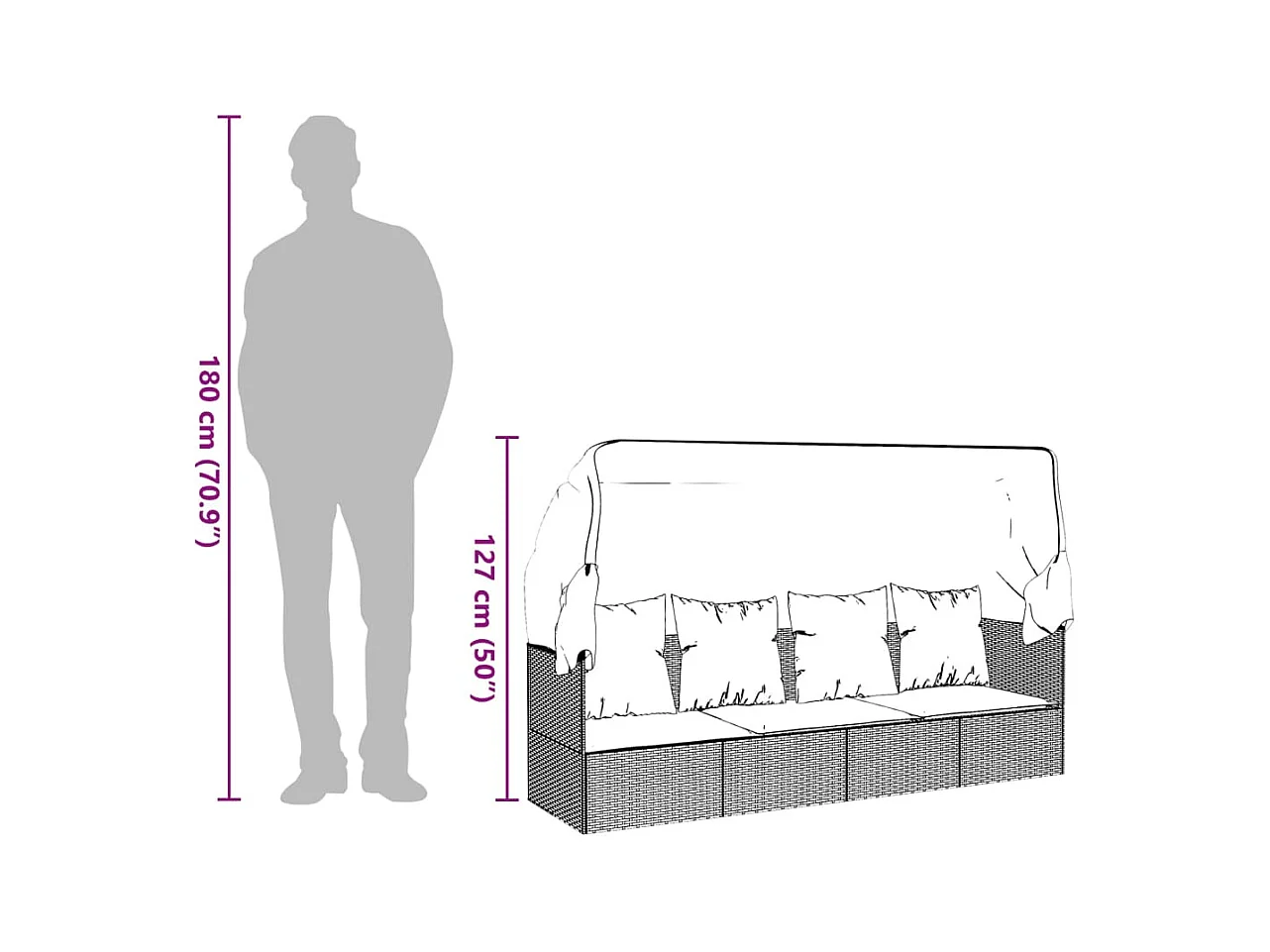 Lit de salon d'extérieur toit et coussins Noir Résine tressée