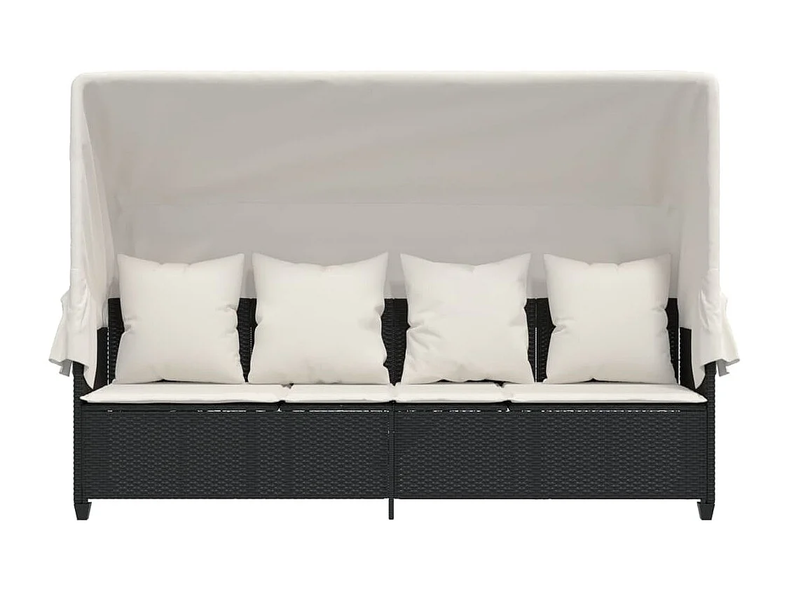 Poltrona con tenda da sole e cuscini in resina intrecciata nera