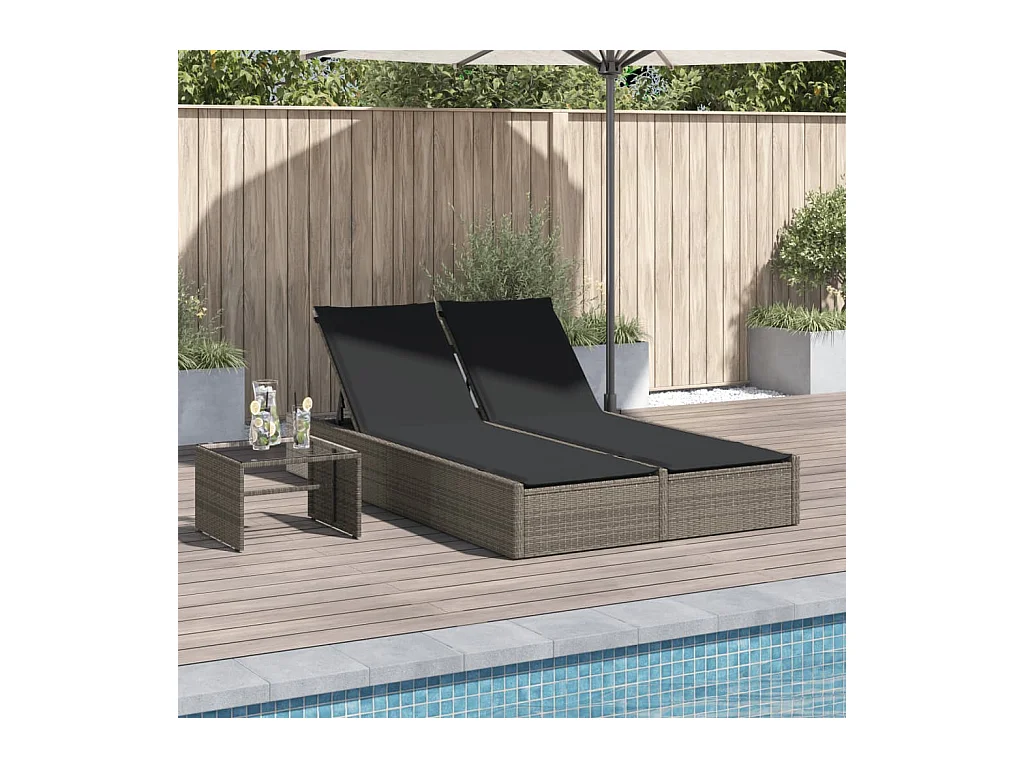 Chaise longue doble con cojines de mimbre de resina gris