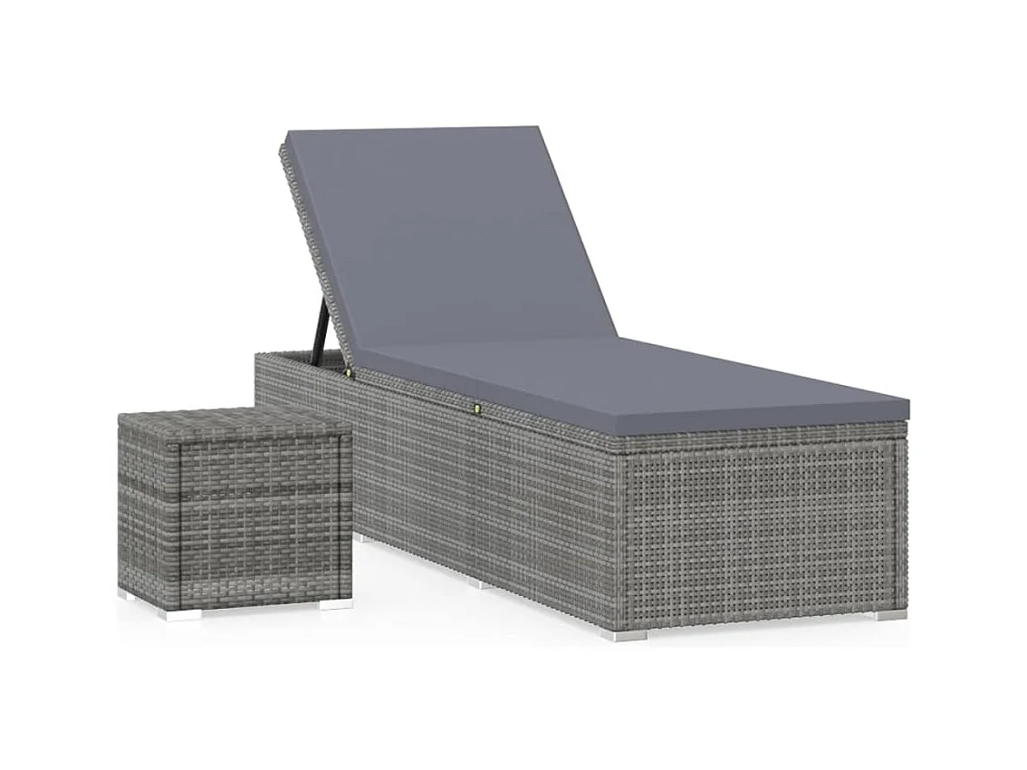 Loungestoel met kussen en theetafel Grijs gevlochten hars