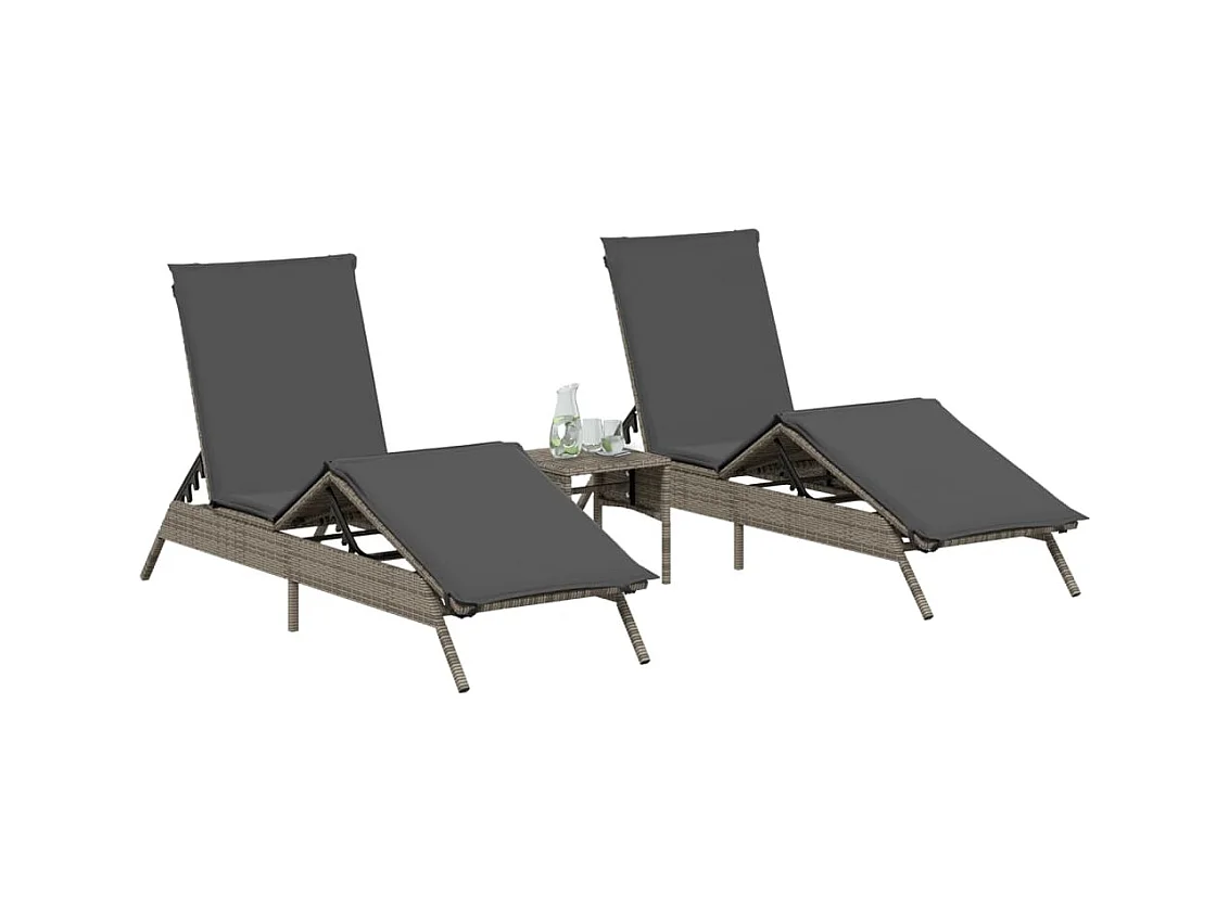 Conjunto de 2 tumbonas con mesa de mimbre de resina gris