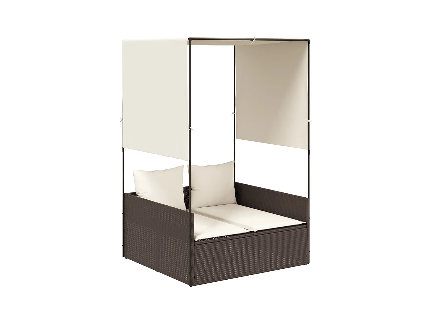 Dubbele chaise longue met dak en bruine geweven harsgordijnen