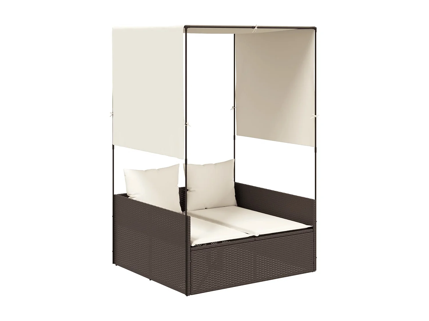 Chaise longue doppia con tetto e tende in resina intrecciata marrone