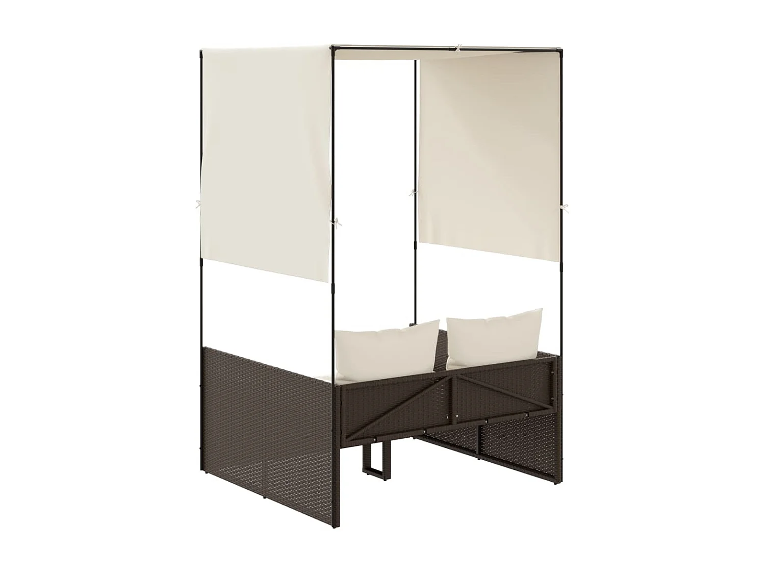 Chaise longue doppia con tetto e tende in resina intrecciata marrone