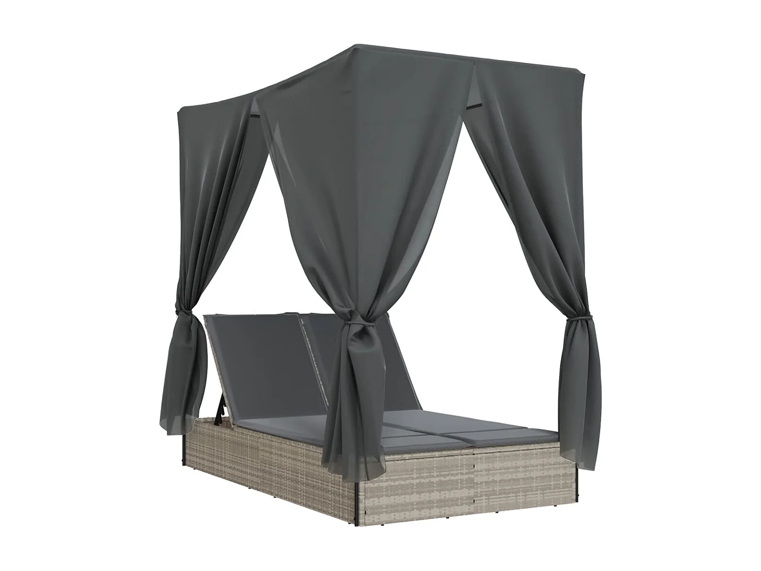 Chaise longue doble con techo y cortinas en ratán sintético gris claro