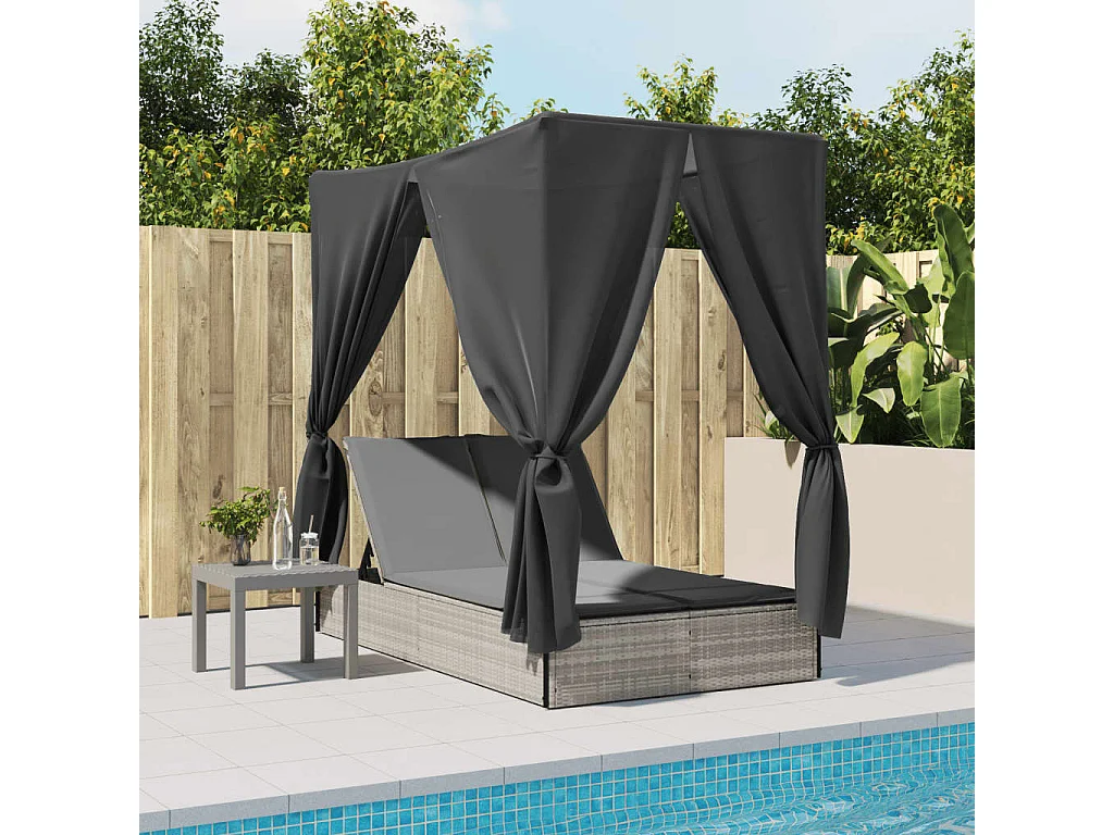 Chaise longue doble con techo y cortinas en ratán sintético gris claro