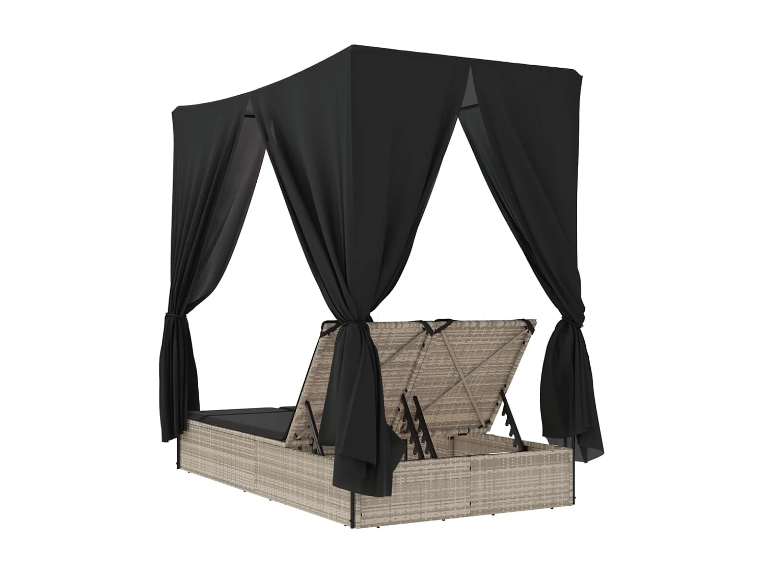 Chaise longue doble con techo y cortinas en ratán sintético gris claro