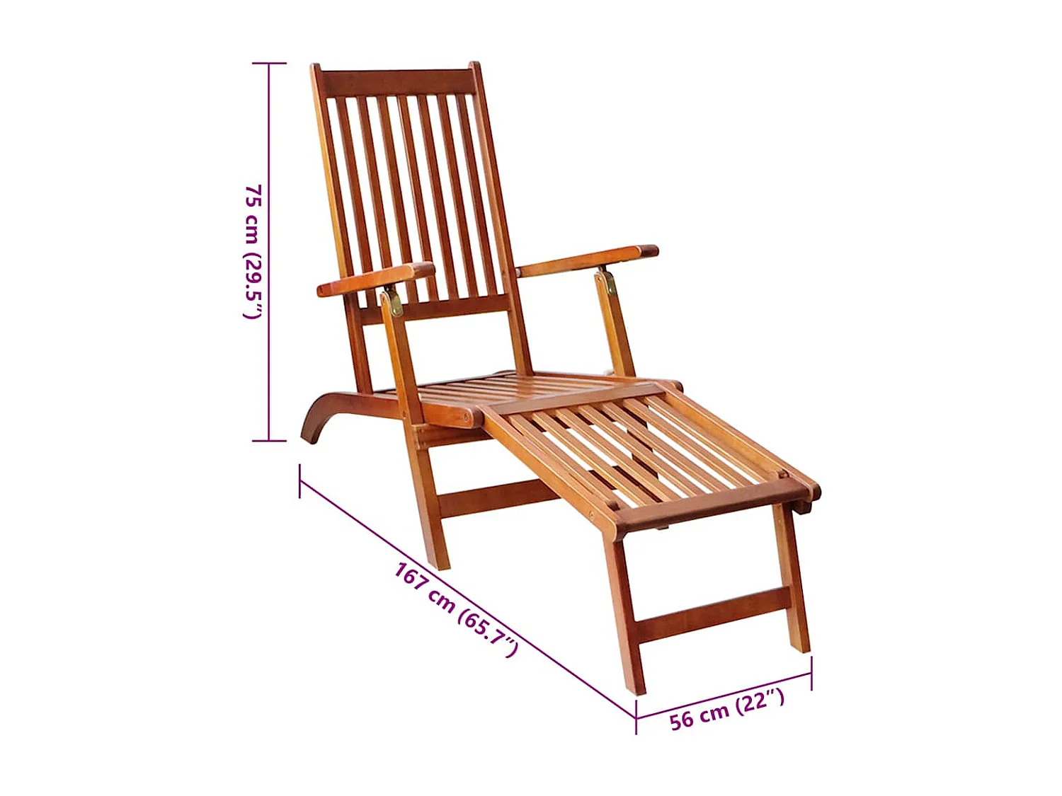 Chaise longue d'extérieur repose-pied et coussin Acacia solide