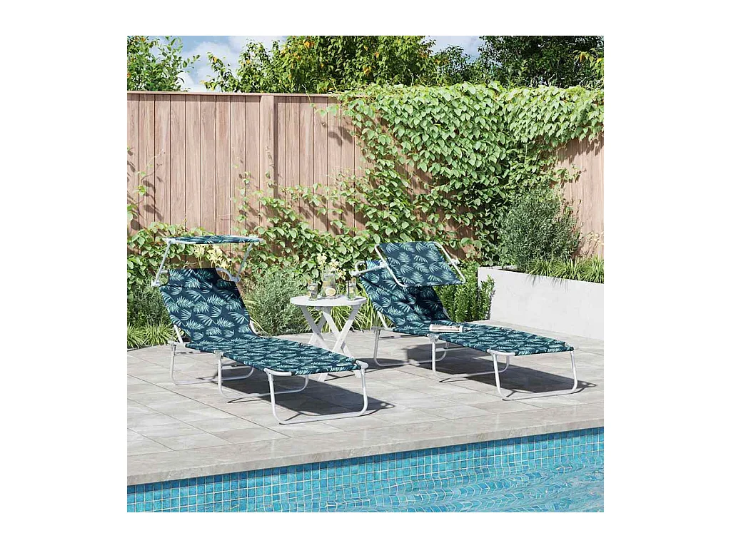 Chaises longues pliantes 2 pièces avec auvent motif feuilles en tissu Oxford 600D