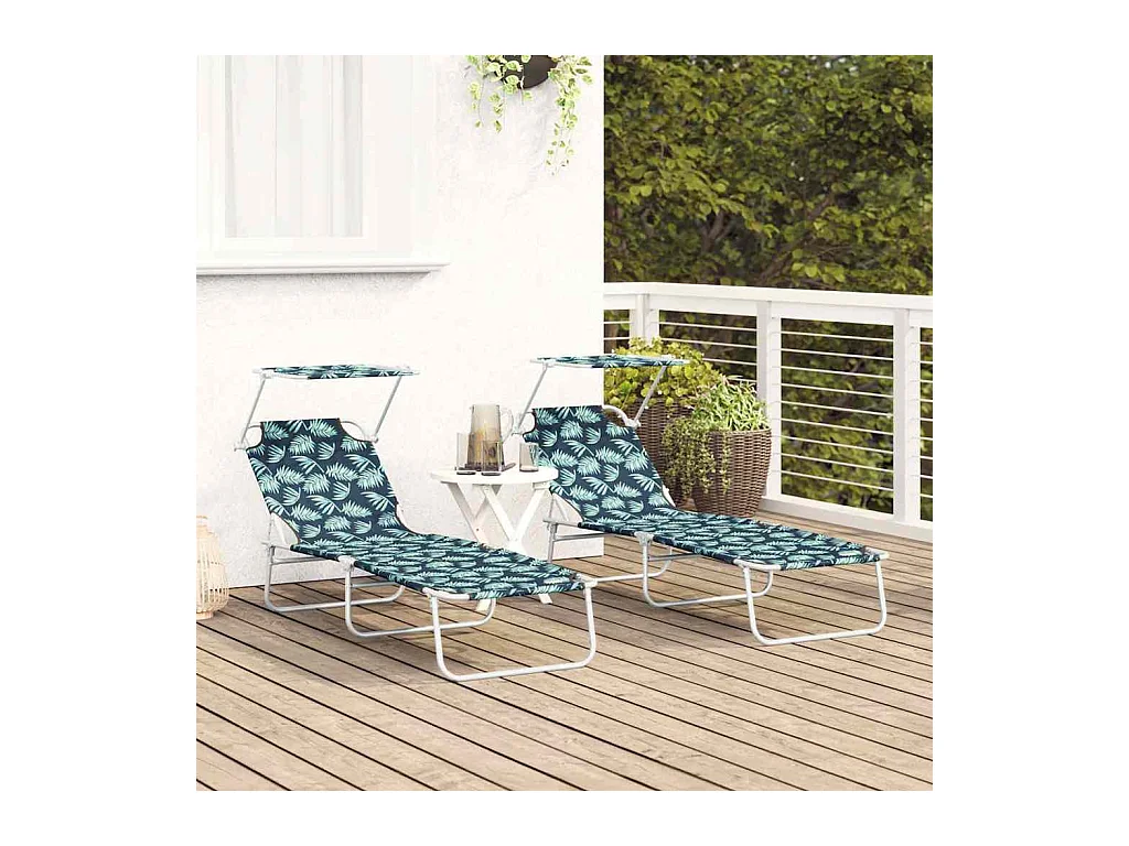 Chaises longues pliantes 2 pièces avec auvent motif feuilles en tissu Oxford 600D
