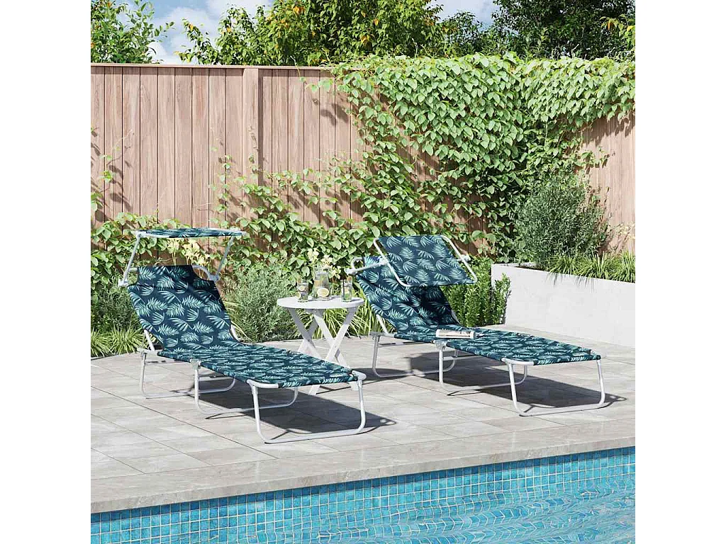 Chaises longues pliantes 2 pièces avec auvent motif feuilles en tissu Oxford 600D