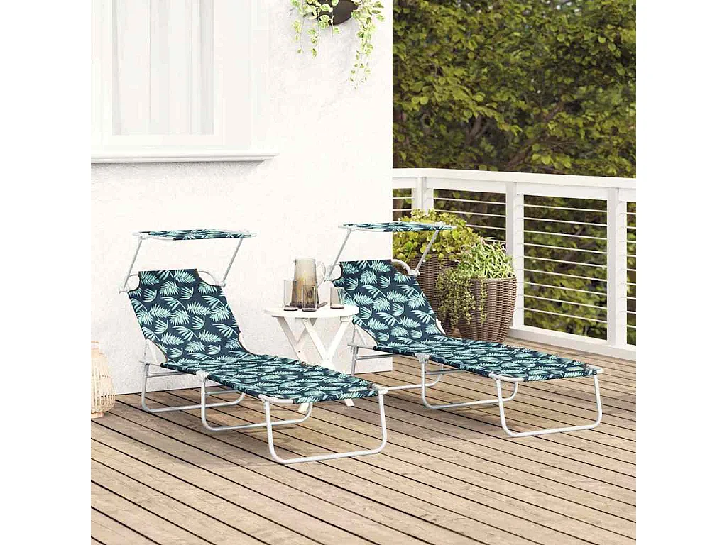 Chaises longues pliantes 2 pièces avec auvent motif feuilles en tissu Oxford 600D