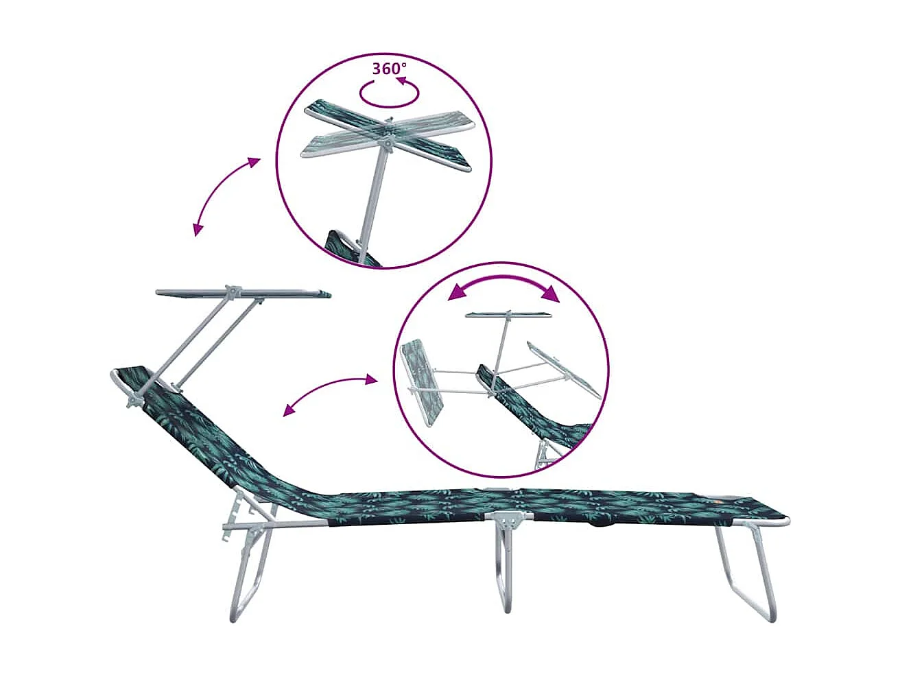 Chaises longues pliantes 2 pièces avec auvent motif feuilles en tissu Oxford 600D