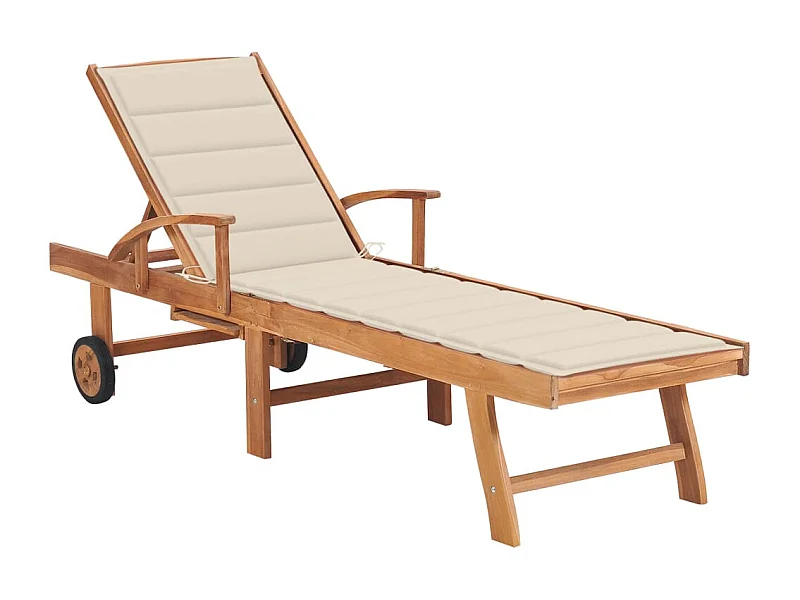 Chaise longue avec coussin crème Bois de teck solide