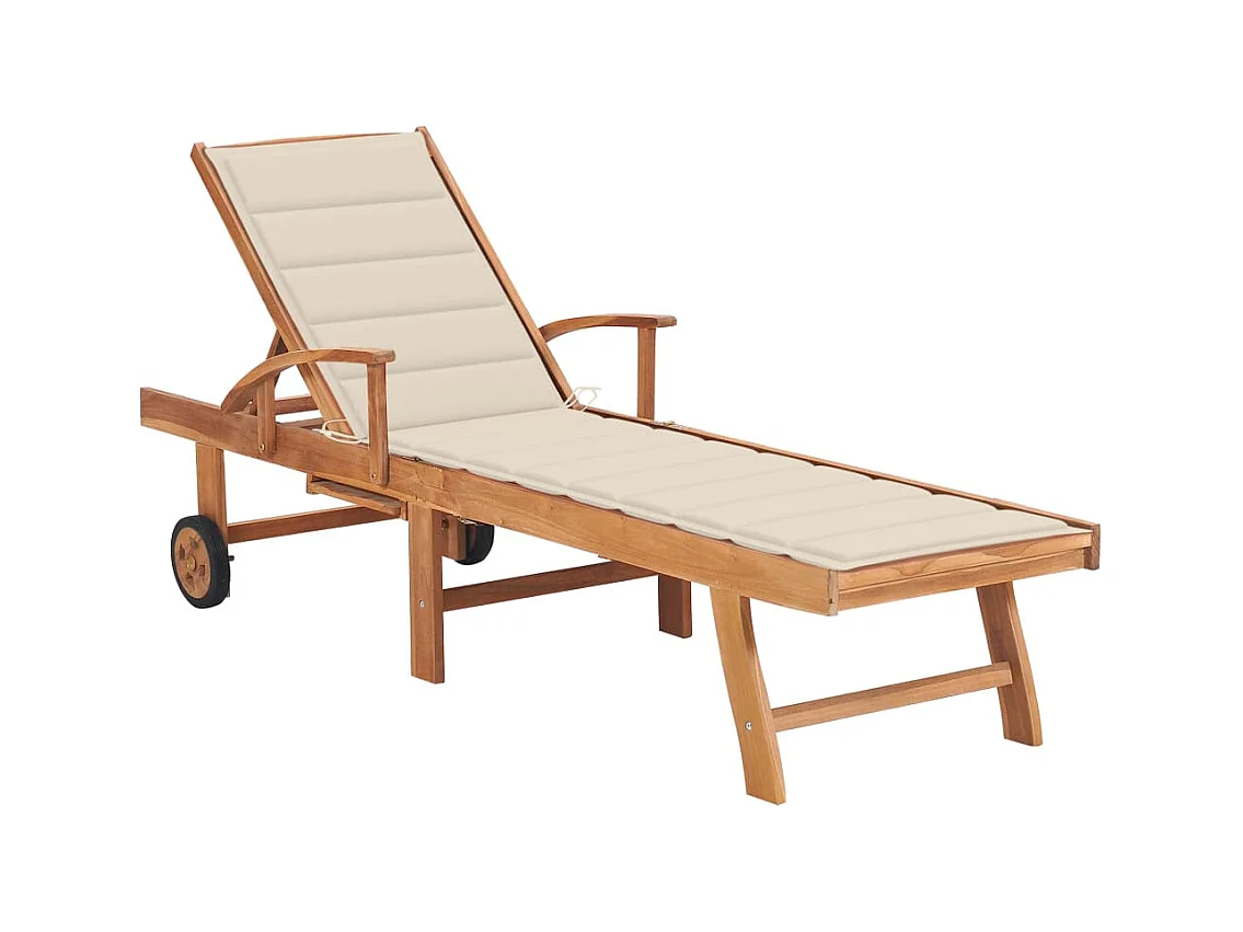 Chaise longue avec coussin crème Bois de teck solide