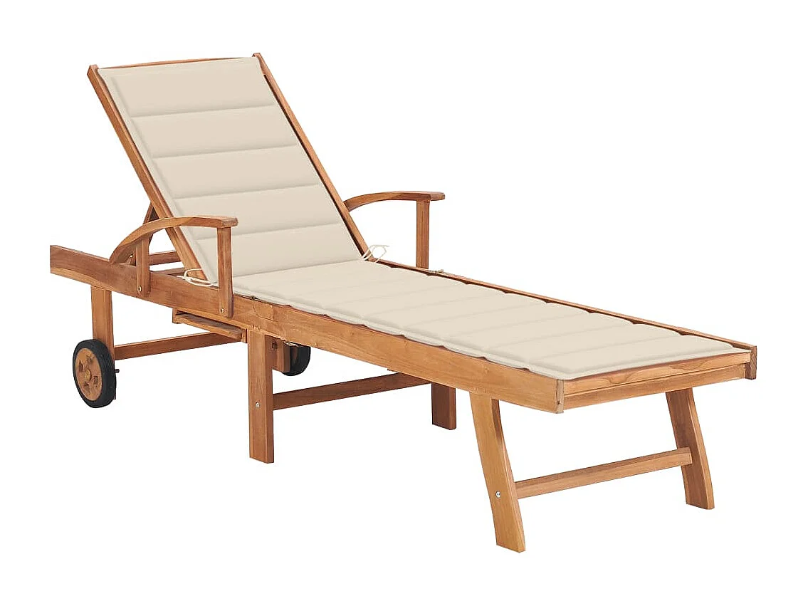 Chaise longue avec coussin crème Bois de teck solide
