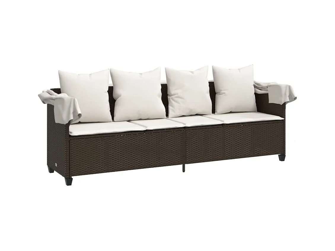 Chaise longue met zonnescherm en bruine kunsthars rieten kussens