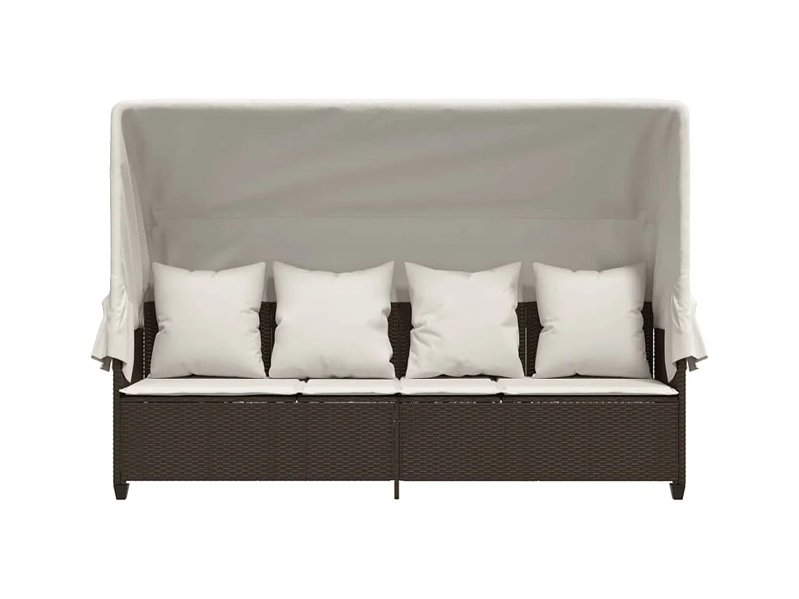 Chaise longue met zonnescherm en bruine kunsthars rieten kussens