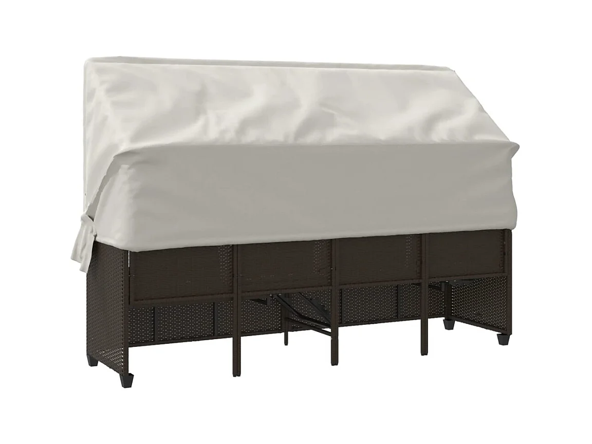 Chaise longue met zonnescherm en bruine kunsthars rieten kussens