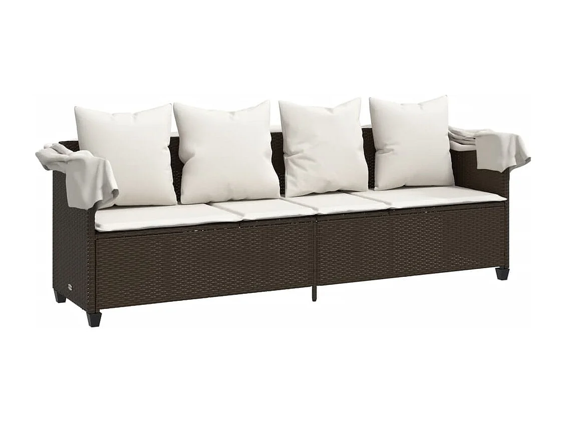 Chaise longue con tenda da sole e cuscini in vimini di resina marrone