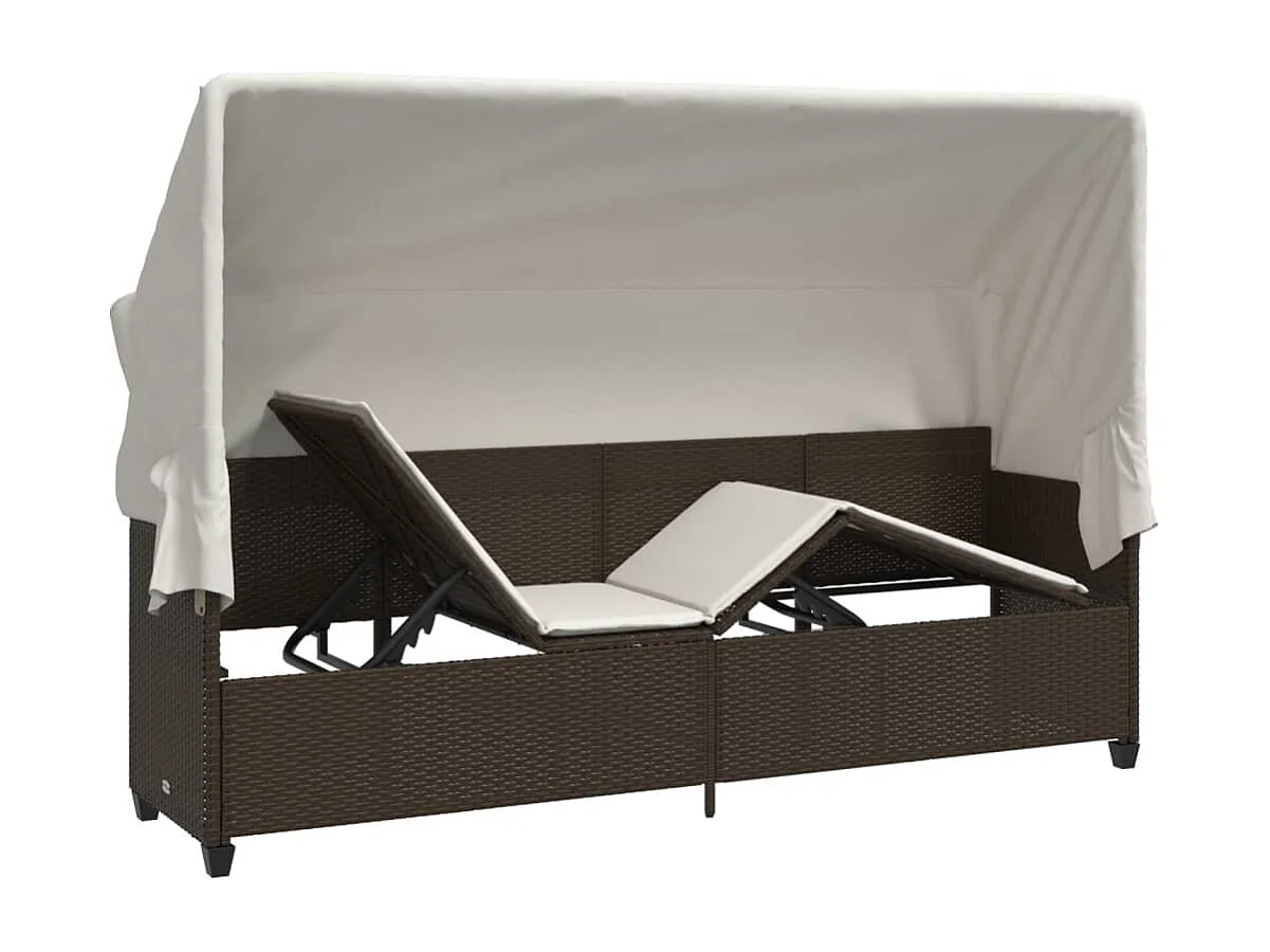 Chaise longue con tenda da sole e cuscini in vimini di resina marrone