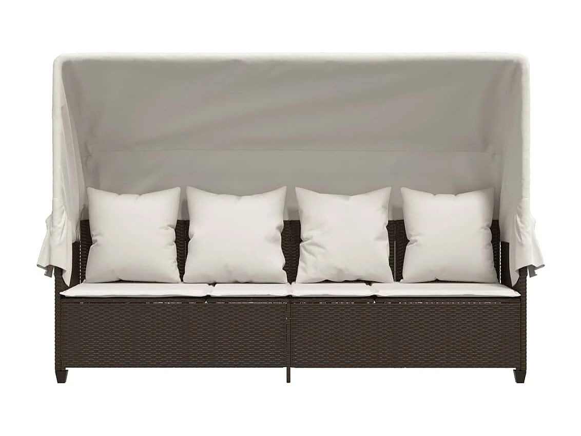 Chaise longue con tenda da sole e cuscini in vimini di resina marrone