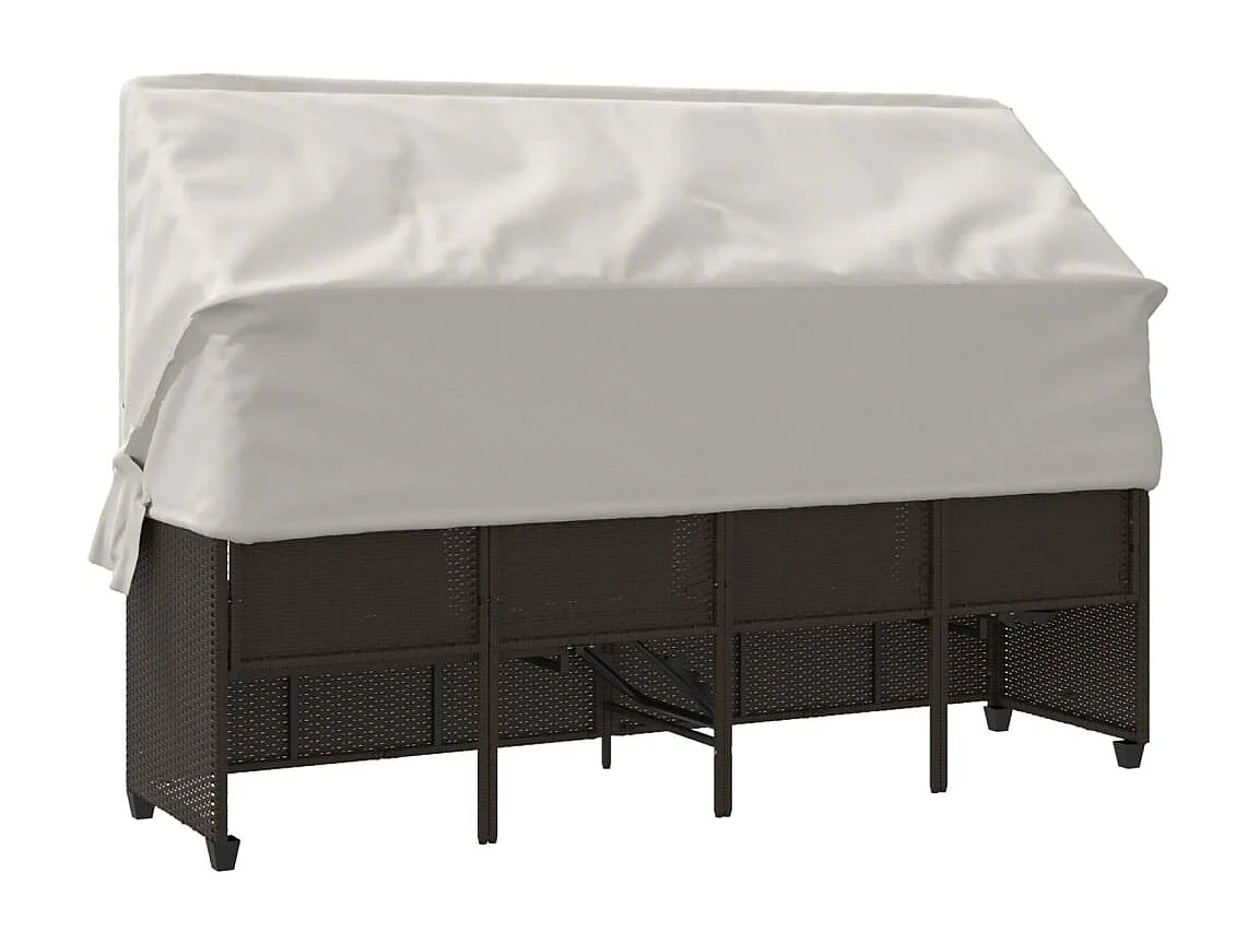 Chaise longue con tenda da sole e cuscini in vimini di resina marrone