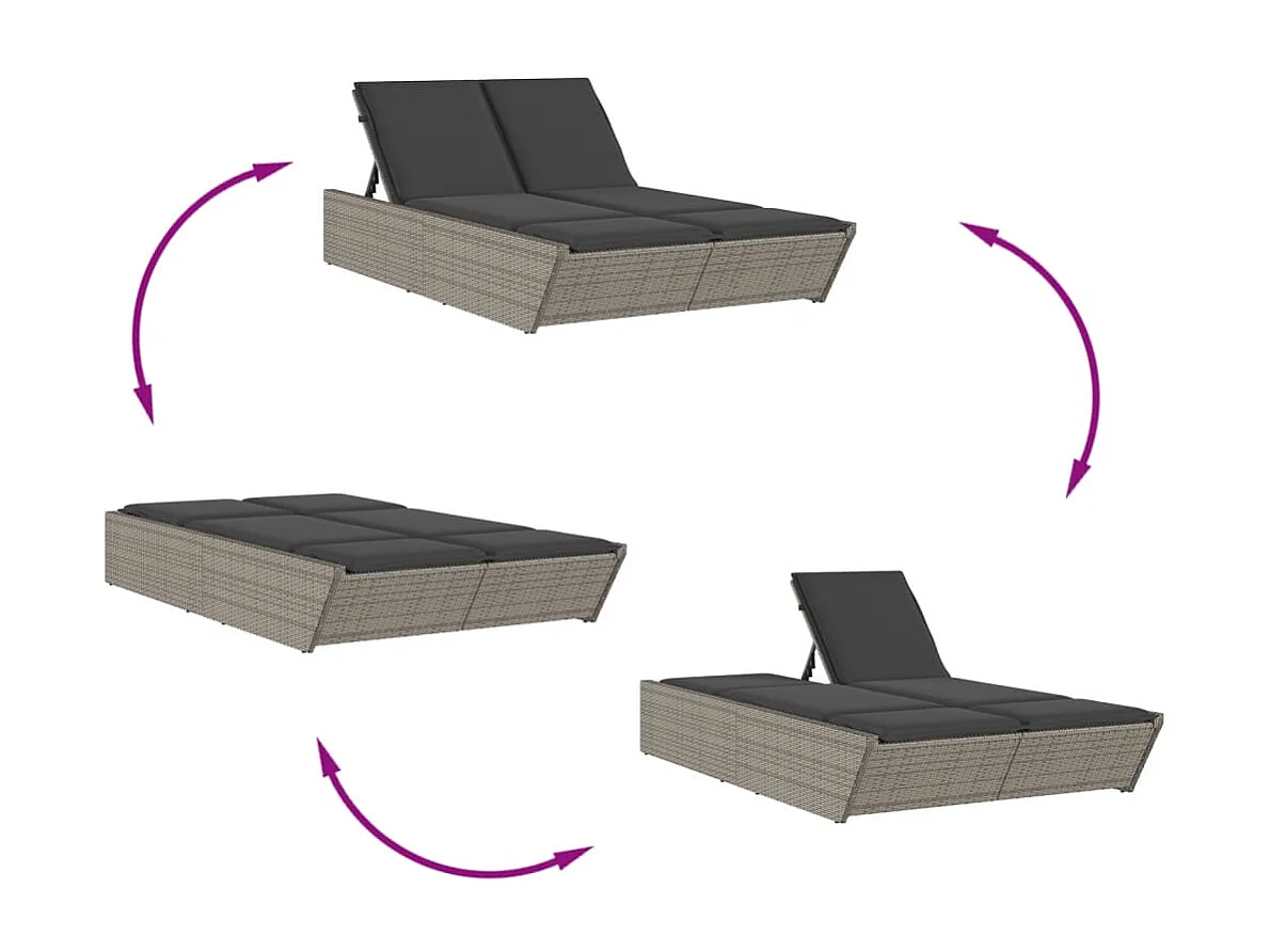 Chaise longue doppia con cuscini in vimini di resina grigia