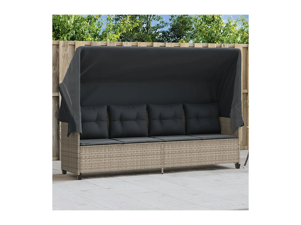 Chaise longue met zonnescherm en lichtgrijze kussens in geweven hars