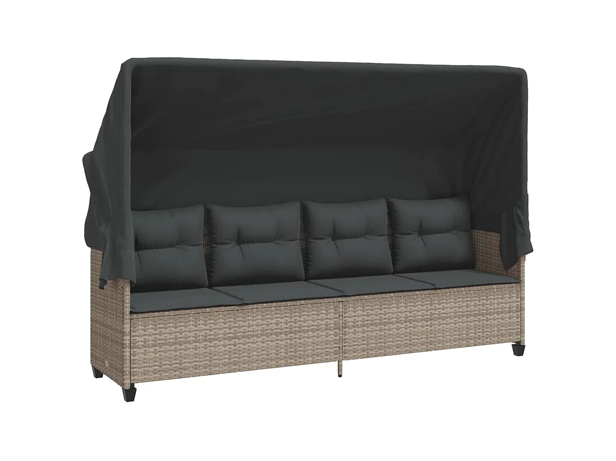 Chaise longue met zonnescherm en lichtgrijze kussens in geweven hars