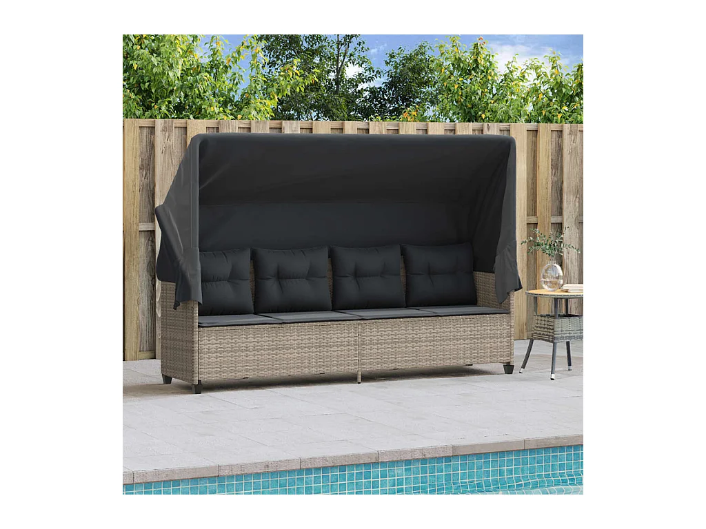 Chaise longue met zonnescherm en lichtgrijze kussens in geweven hars