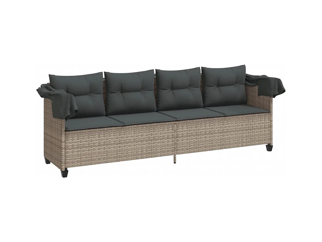 Chaise longue met zonnescherm en lichtgrijze kussens in geweven hars