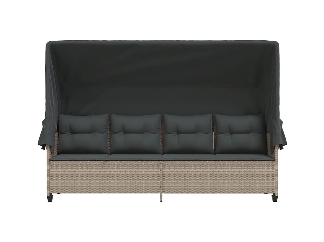 Chaise longue met zonnescherm en lichtgrijze kussens in geweven hars