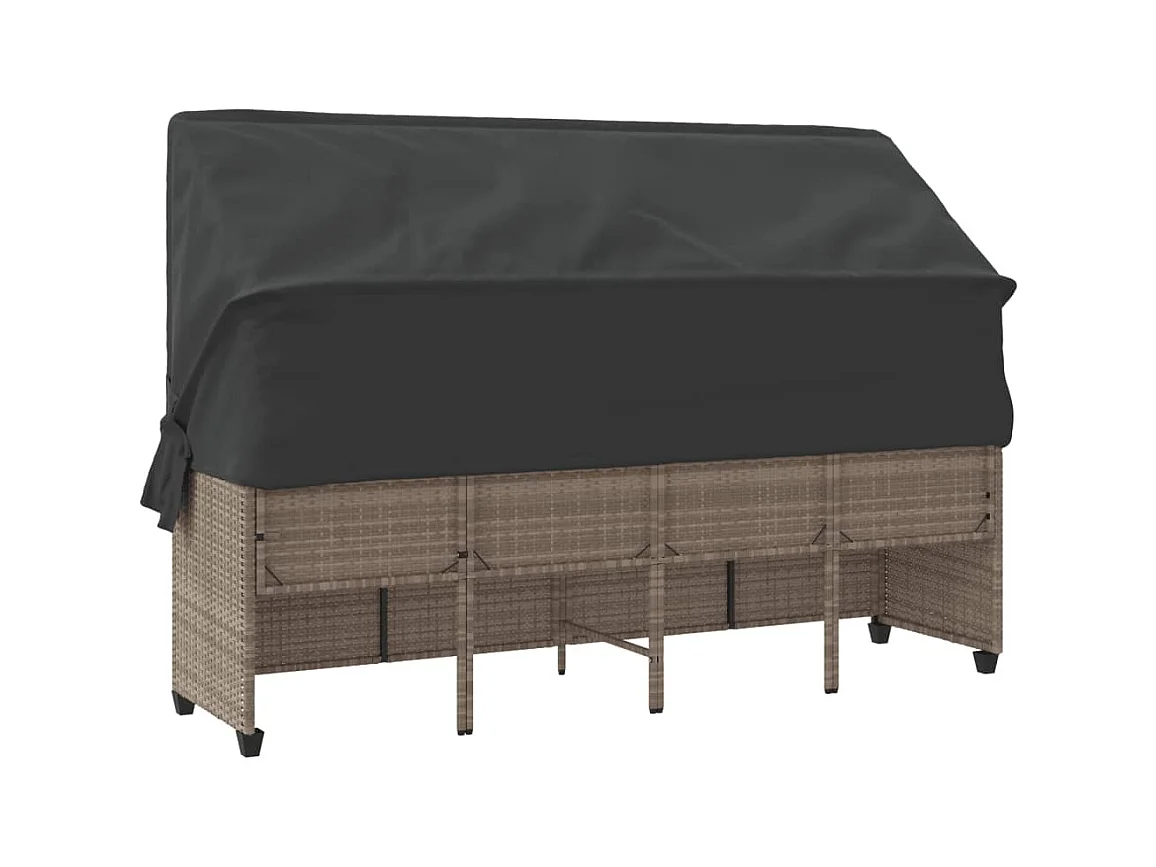 Chaise longue met zonnescherm en lichtgrijze kussens in geweven hars