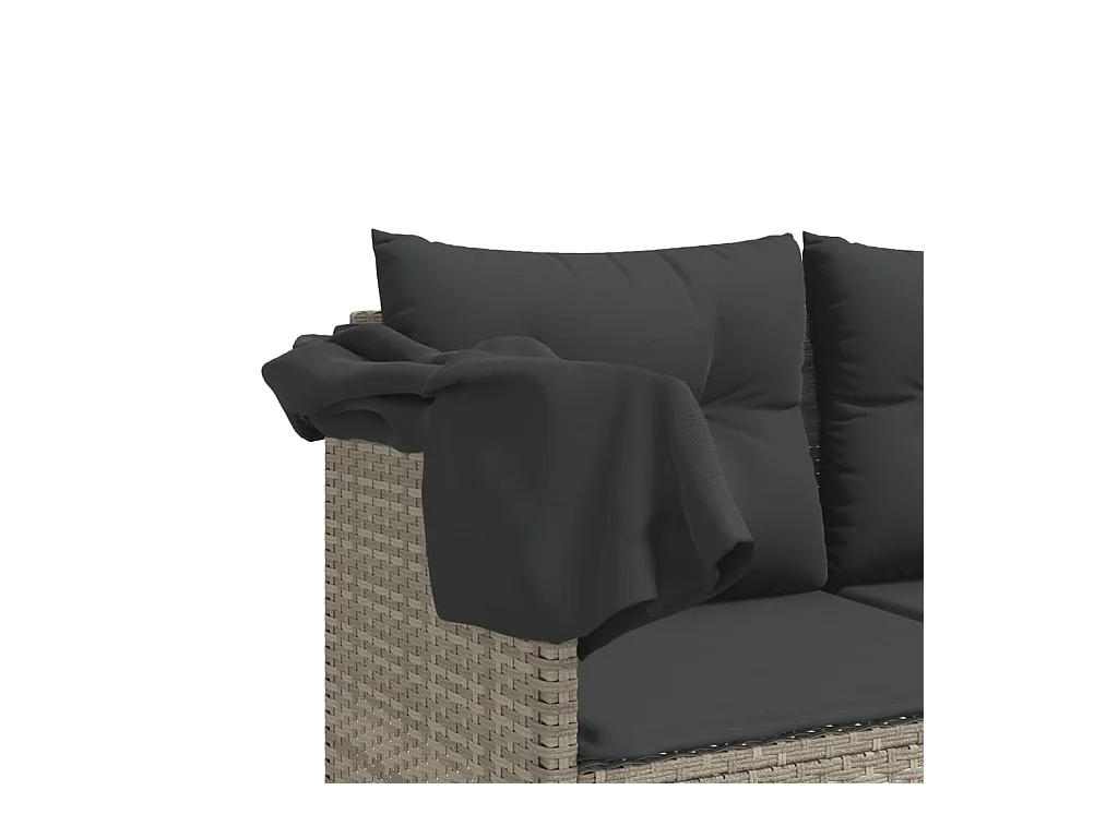 Chaise longue met zonnescherm en lichtgrijze kussens in geweven hars