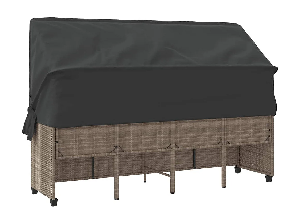 Chaise longue con tenda da sole e cuscini grigio chiaro in resina intrecciata